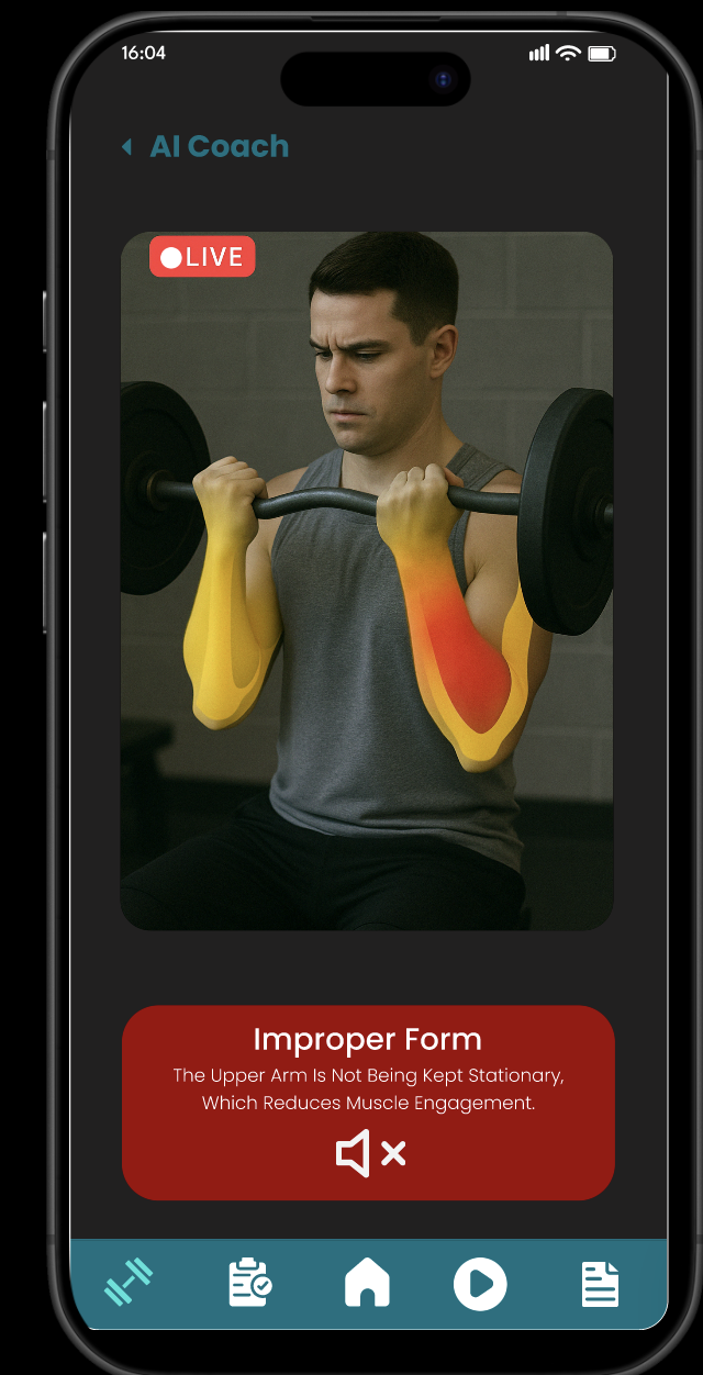 AI Coach feature showing real-time form analysis with highlighted muscle engagement