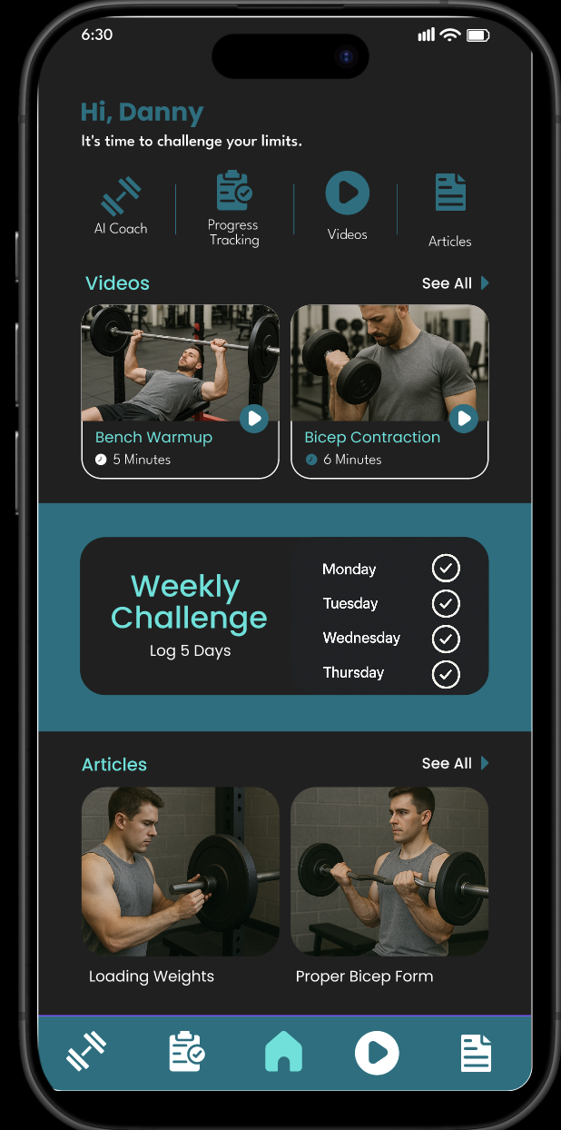 Gym App home screen showing AI Coach, Progress Tracking, Videos, and Articles sections