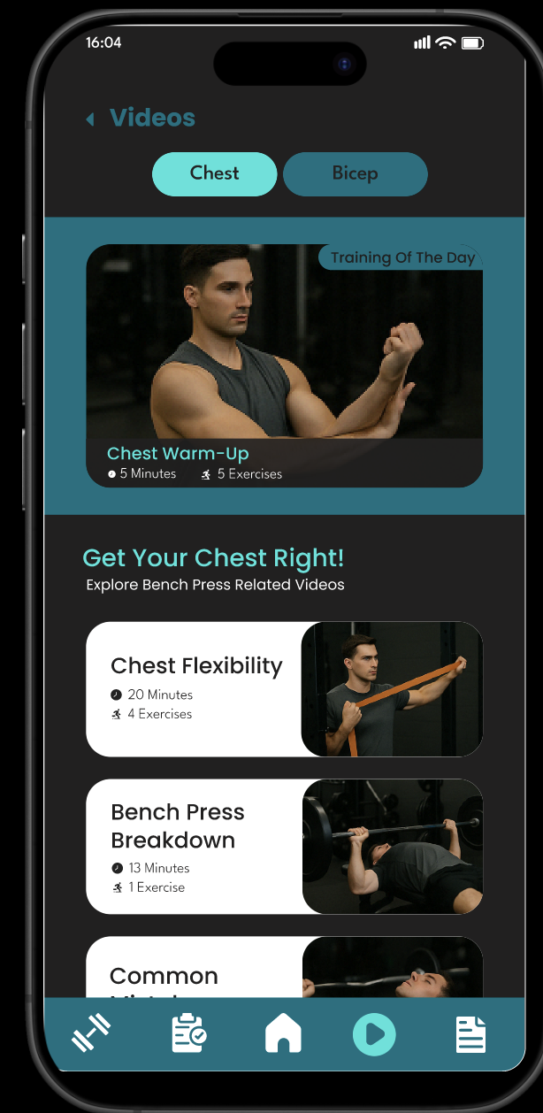 Videos section showing exercise categories and training videos